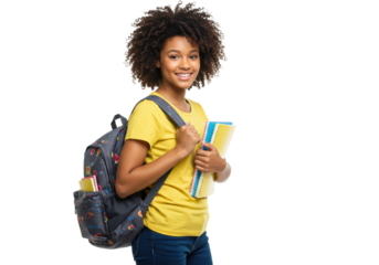 Student smiling with backpack and notebooks school environment portrait bright lighting young learner concept isolated on transparent background