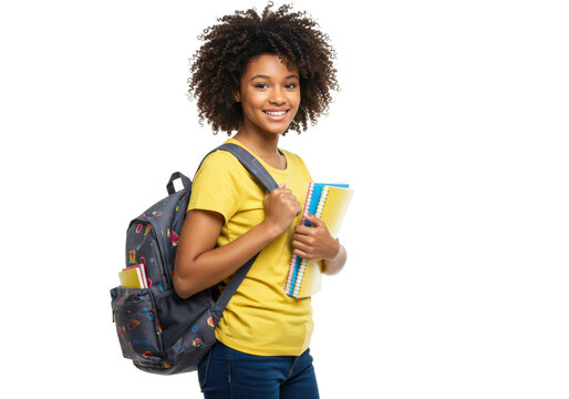 Student smiling with backpack and notebooks school environment portrait bright lighting young learner concept isolated on transparent background