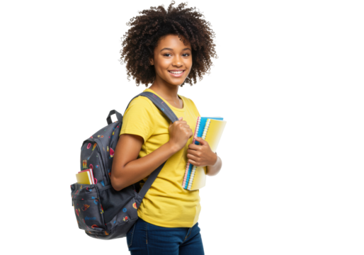 Student smiling with backpack and notebooks school environment portrait bright lighting young learner concept isolated on transparent background