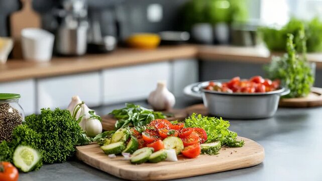 Fresh Healthy Tomatoes and Vegetables on Wooden Cutting Board in Modern Kitchen Setting
