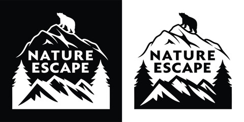 Fototapeta premium Silhouette of a bear on a mountain peak with the words nature escape, representing adventure and wilderness exploration