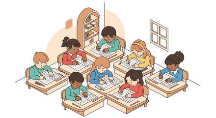 A classroom scene depicting diverse students sitting at desks, writing on paper during an exam or lesson.
