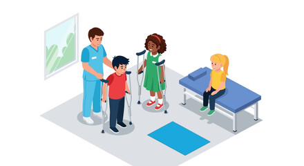 A male therapist assists a young boy using a walker, while a girl with crutches stands nearby, and another girl sits on a medical bed in a clinic.