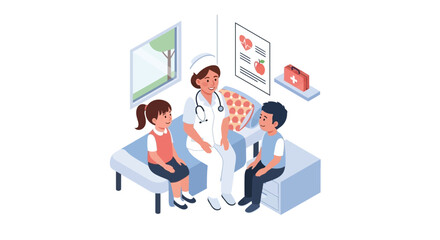 Fototapeta premium A nurse sits on a hospital bed with a young girl and boy, providing care and attention in a bright, friendly setting.