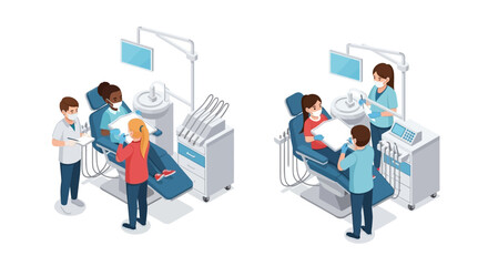 Fototapeta premium Isometric illustration of a pediatric dental clinic with a dentist, assistant, and child patient during a check-up and consultation