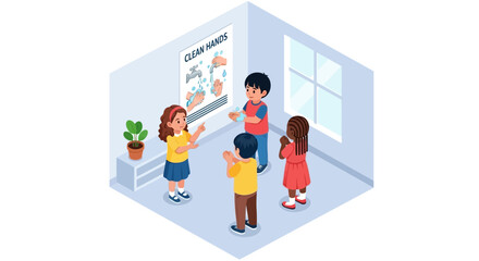 Children learning about health and proper hand washing techniques from an educational poster in a classroom