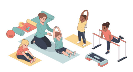 A physical therapist guiding children through various exercises and stretches on mats.