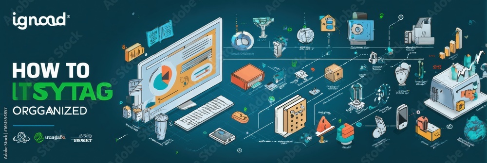 Poster guide to organizing it systems with visual elements and digital strategies showcased in a creative l