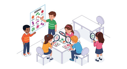 Fototapeta premium Children actively participate in a classroom science lesson, examining specimens with magnifying glasses.