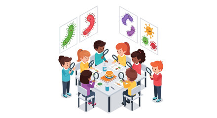 A diverse group of children examining microorganisms with magnifying glasses during a science lesson.