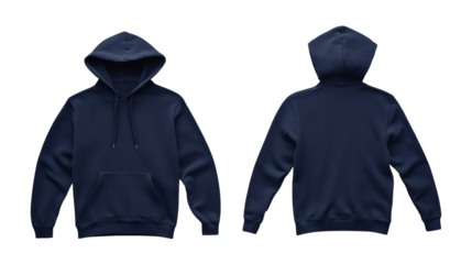 Plain navy blue hoodie mockup, front and back view for branding and commercial use on transparent background