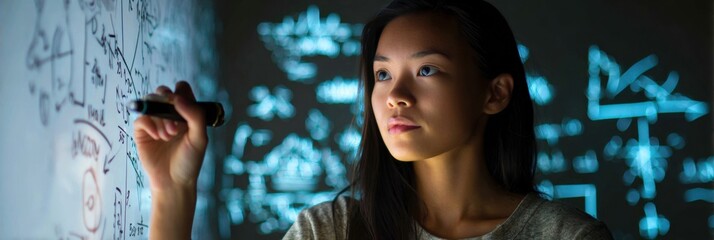 Young Student Writing Complex Equations on a Whiteboard in a Dimly Lit Classroom During Evening Study Session