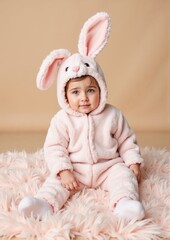 Easter Traditions А4. Baby wearing adorable bunny costume sitting on plush carpet  