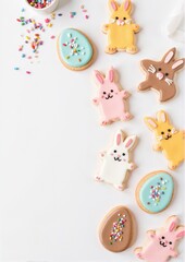 Obraz premium Easter Traditions А4. Colorful Easter cookies shaped like bunnies and eggs on white surface 