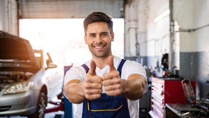 A mechanic in a white t-shirt and blue overalls gives two thumbs up in an auto repair shop. A car with its hood open and tools in the background suggest a successful repair.