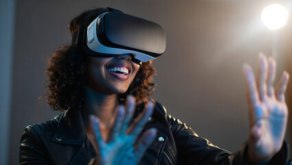 A person wearing a VR headset smiles with hands raised, engaging in a virtual experience. The black leather jacket and blurred background add a tech-forward, immersive vibe.
