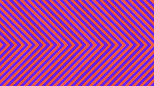 A bold and energetic 2D vector animation loop displaying a seamless geometric pattern of diagonal zig-zag chevron stripes in bright orange and dark purple moving across the layout.