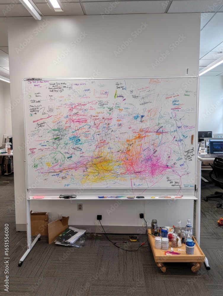 Poster creative brainstorming session on a whiteboard filled with colorful ideas and notes in an office env