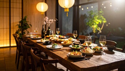 An elegantly set dining table with various Asian dishes, wine glasses, and floral arrangements invites guests for a warm, convivial dinner gathe at night.
