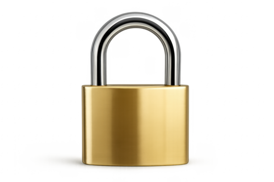 Closed golden padlock with transparent background representing security and privacy