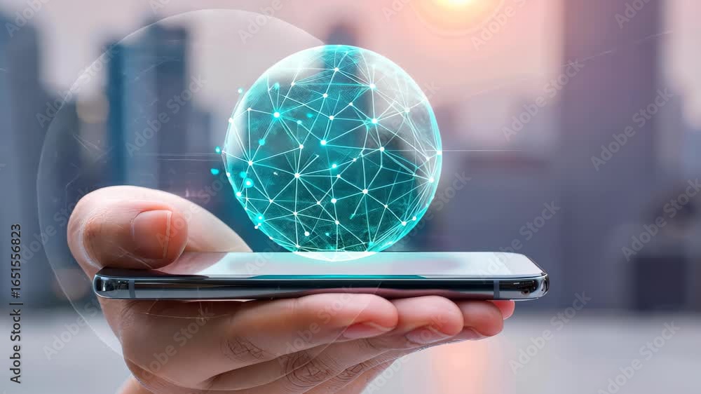 Poster digital globe in hand: a digitally rendered sphere of interconnected nodes rests delicately atop a m