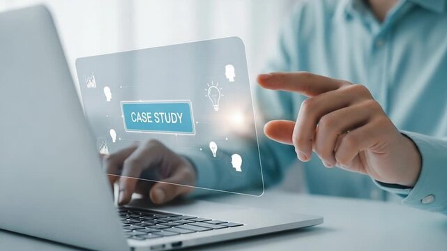 Person interacting with case study interface on laptop with icons and glowing light effect overlay