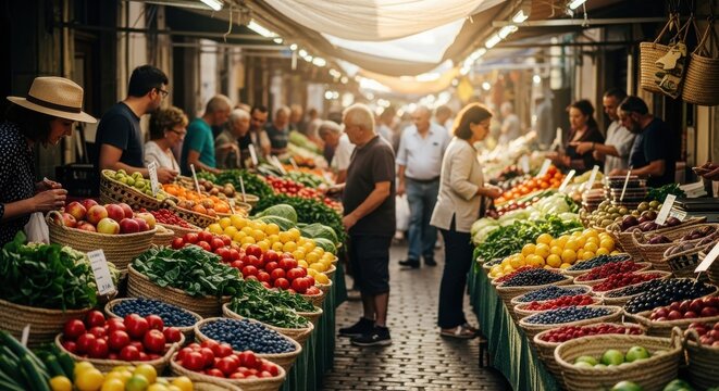 Street market with seasonal fruit and vegetable in colorful basket