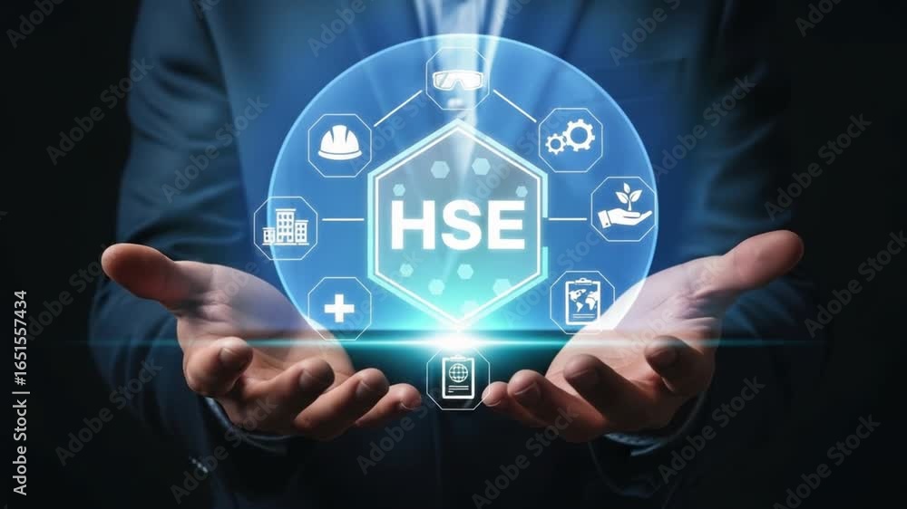 Poster man presenting hse concept with safety icons floating above his hands in a digital display circle