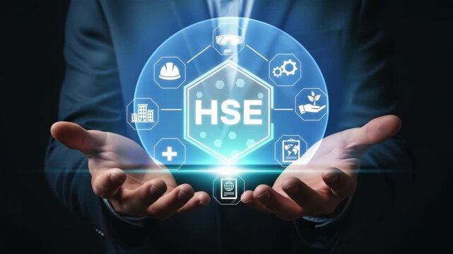 Man presenting hse concept with safety icons floating above his hands in a digital display circle