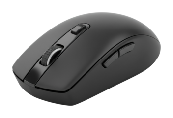 Wireless black computer mouse office workspace product minimalist setting top technology focus isolated on transparent background