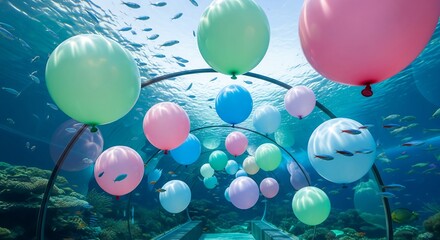 A whimsical underwater scene with colorful pastel balloons floating through a glass aquarium tunnel surrounded by swimming fish.