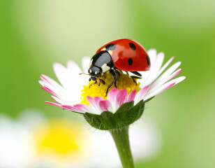Obraz premium Vibrant Ladybug Perched on a Daisy with Pink-Tipped Petals, Close-Up