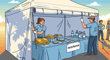 Two volunteers in blue shirts and white gloves staff a registration tent, organizing materials and greeting attendees at an outdoor event.