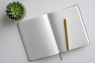 Modern workspace inspiration with open notebook and golden pen for creative ideas
