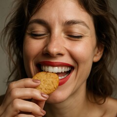 Caucasian young female joyfully enjoying a snack with red lipstick and closed eyes