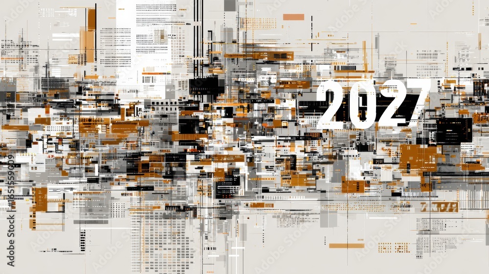 Poster modern abstract digital artwork representing data and technology trends in 2027