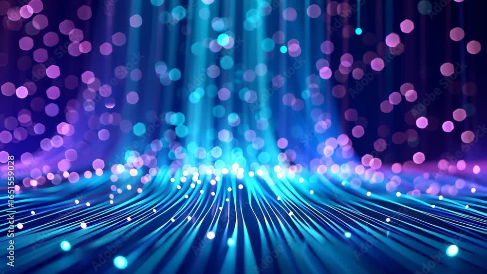 Poster abstract data streams: visualize the flow of data, with radiant lines and particles converging into 