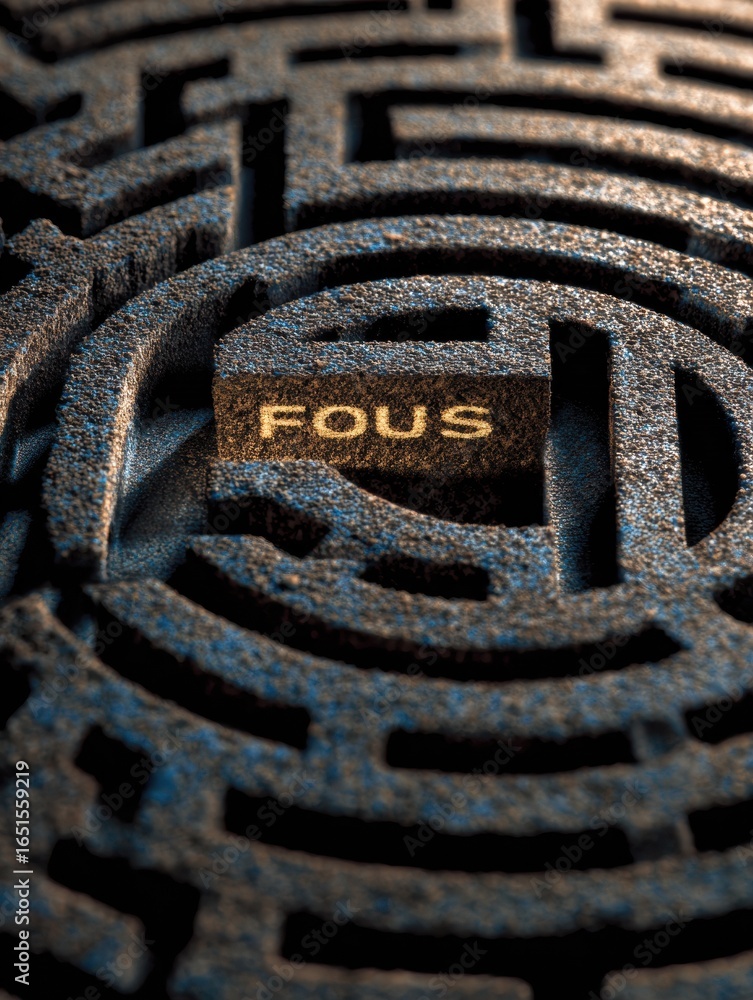 Poster intricate maze design featuring dark patterns and a highlighted central section with the word fous