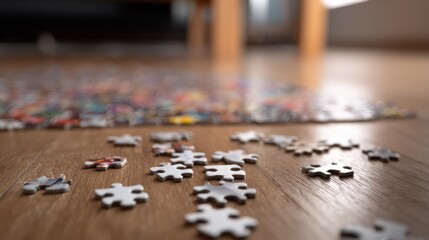 Close view of puzzle pieces scattered on a wooden floor, unfinished