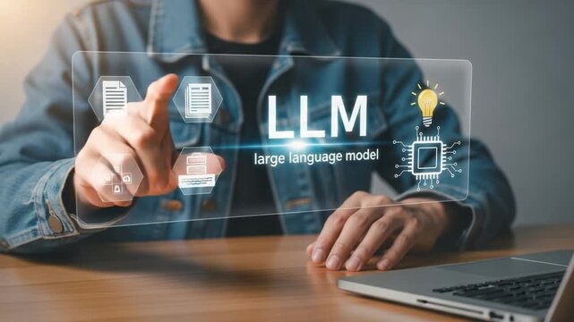 Man interacting with llm interface on glass screen with laptop and icons on wooden table top view