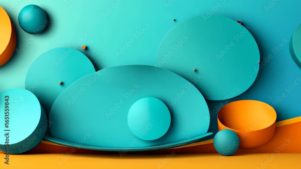 Poster geometric symphony: a dynamic interplay of shapes and hues, showcasing spherical and circular forms 