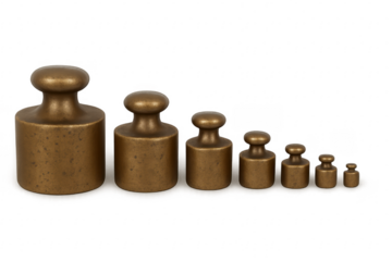 Calibration weights arranged by decreasing size standing on transparent background