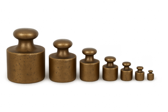 Calibration weights arranged by decreasing size standing on transparent background