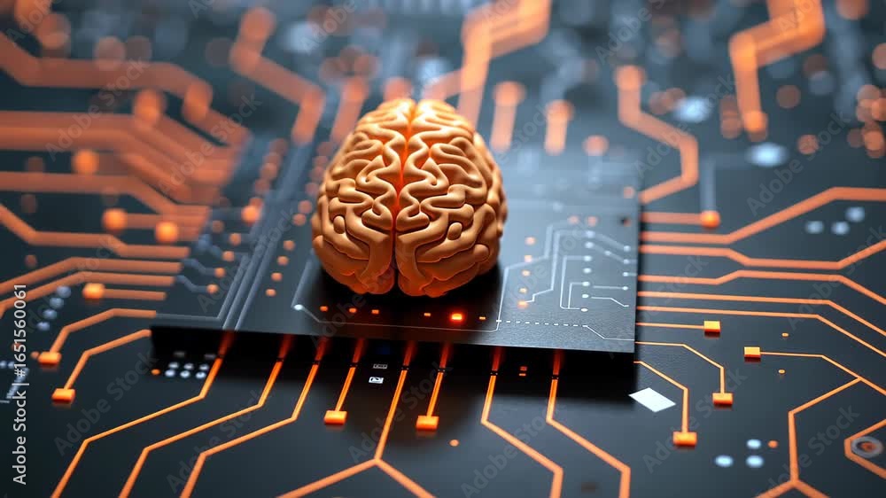 Aufkleber brain on circuit board: a human brain sits atop a computer circuit board. the image is a powerful de