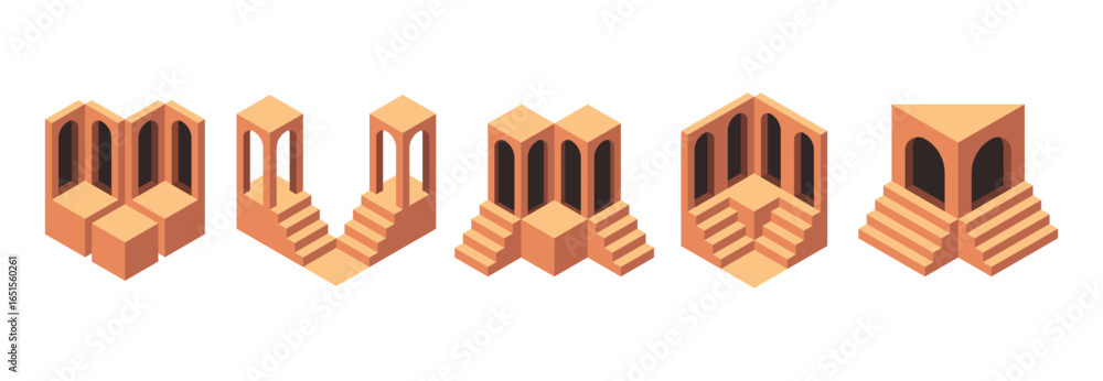 Aufkleber set of isometric architectural arcade and stair structures. game element collection for digital desi