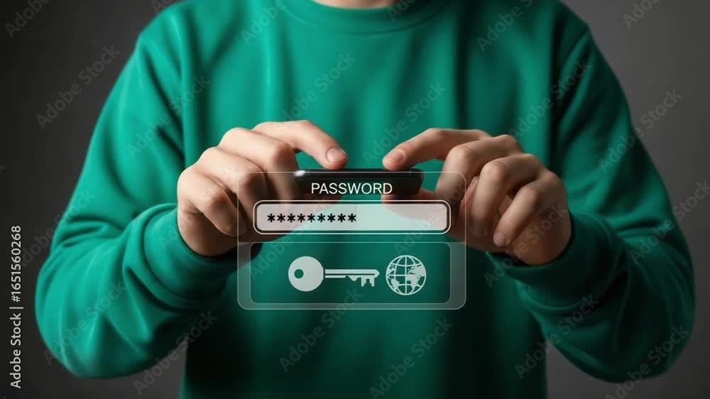 Poster person holding a phone with a password interface and key and globe icons displayed on the screen
