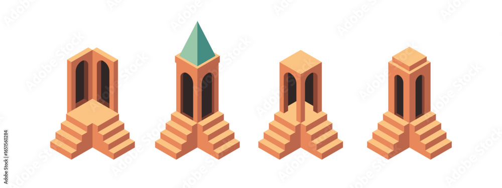 Aufkleber isometric game modular buildings and structures. set of 3d towers and stairs. graphic design element
