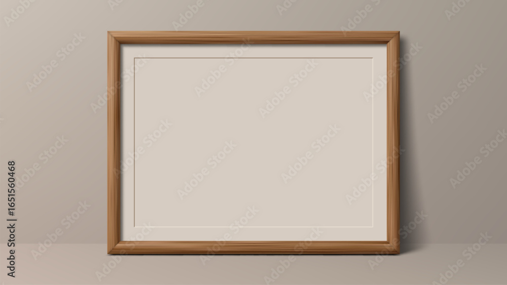 Poster realistic wooden horizontal frame mock up standing on a table, picture frame with shadow for display
