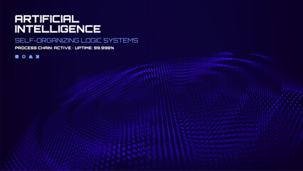 Artificial intelligence text on blue background with self-organizing logic systems visualization. Digital data cyber world.