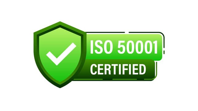 ISO 50001 and CE Certified Symbol Animation on White and Blue Background